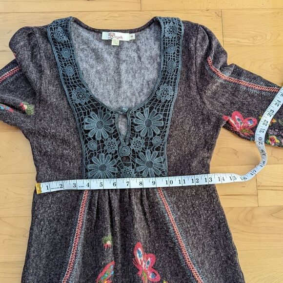 Boho Dress Embroidered Front Heather Brown Knit Floral Dress Size Small @B5 - Picture 9 of 11